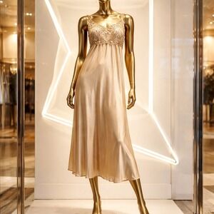 Cinema Etoile L Champagne Satin Lace Bodice Midi Slip Nightgown Dress 1980's